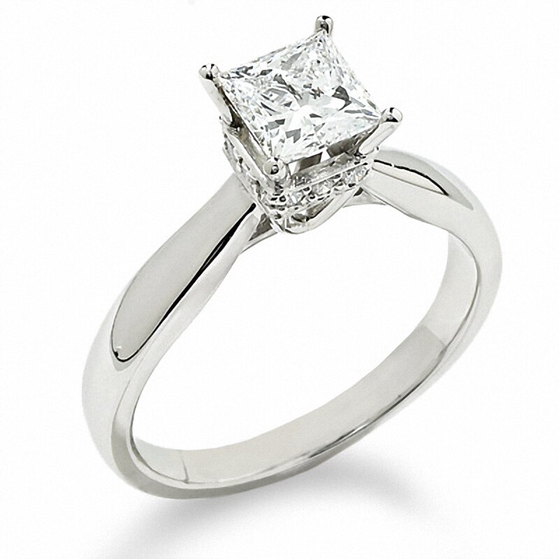 Main Image 1 of Previously Owned - 3/4 CT. Princess-Cut Diamond Solitaire Crown Ring in 14K White Gold