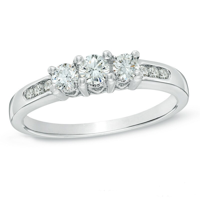 Main Image 1 of Previously Owned - 1/2 CT. T.W. Diamond Past Present Future® Ring in 14K White Gold