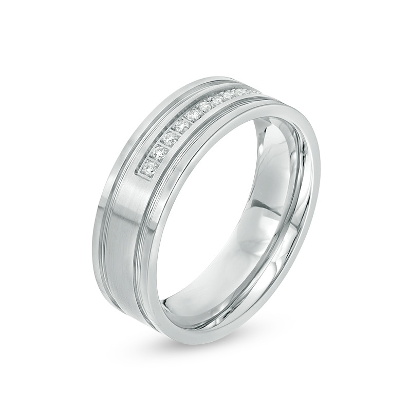 Main Image 2 of Previously Owned - 1/8 CT. T.W. Diamond Comfort-Fit Wedding Band in Stainless Steel