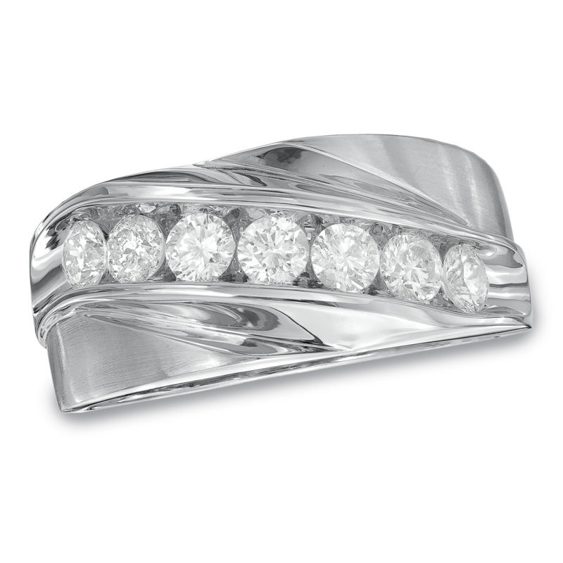 Main Image 1 of Previously Owned - Men's 1 CT. T.W. Diamond Seven Stone Slant Wedding Band in 10K White Gold