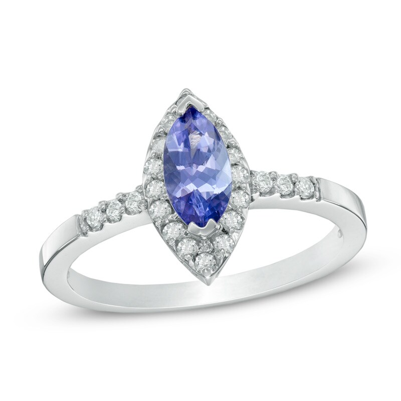 Main Image 1 of Previously Owned - Marquise-Cut Tanzanite and 1/5 CT. T.W. Diamond Frame Ring in 14K White Gold