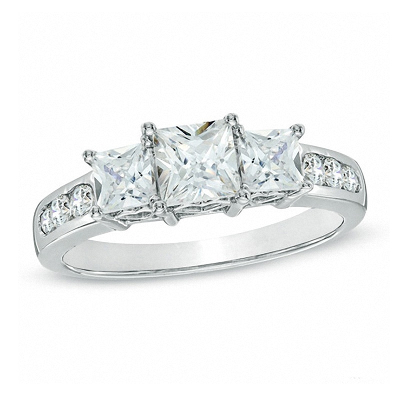 Main Image 1 of Previously Owned - 1-1/2 CT. T.W. Princess-Cut Diamond Past Present Future® Ring in 14K White Gold