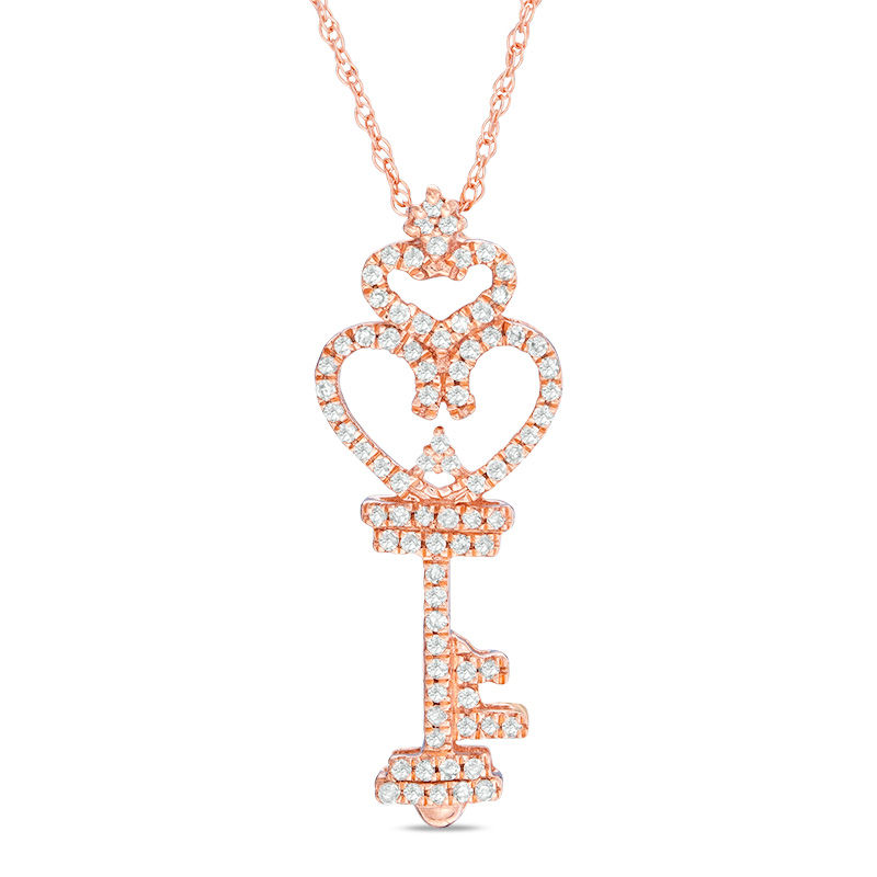 Main Image 1 of Previously Owned - 1/6 CT. T.W. Diamond Heart-Top Key Pendant in 10K Rose Gold