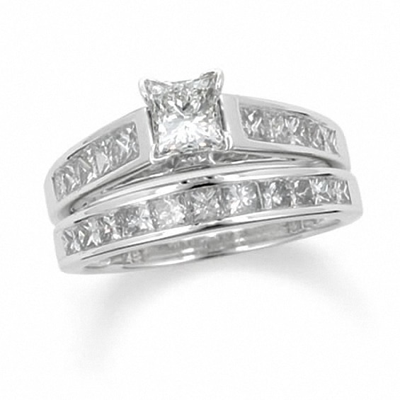 Previously Owned - 1-7/8 CT. T.w. Princess Cut Diamond Bridal Set with Diamond Accents in 14K White Gold