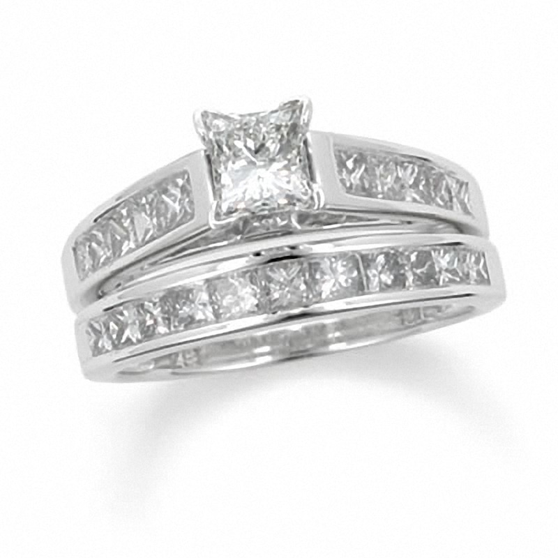 Previously Owned - 1-7/8 CT. T.W. Princess Cut Diamond Bridal Set with Diamond Accents in 14K White Gold