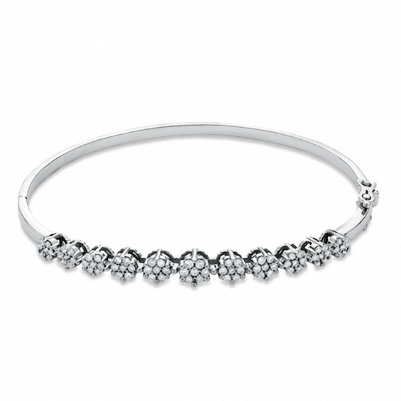 Previously Owned - 1 CT. T.w. Diamond Flower Bangle in 14K White Gold