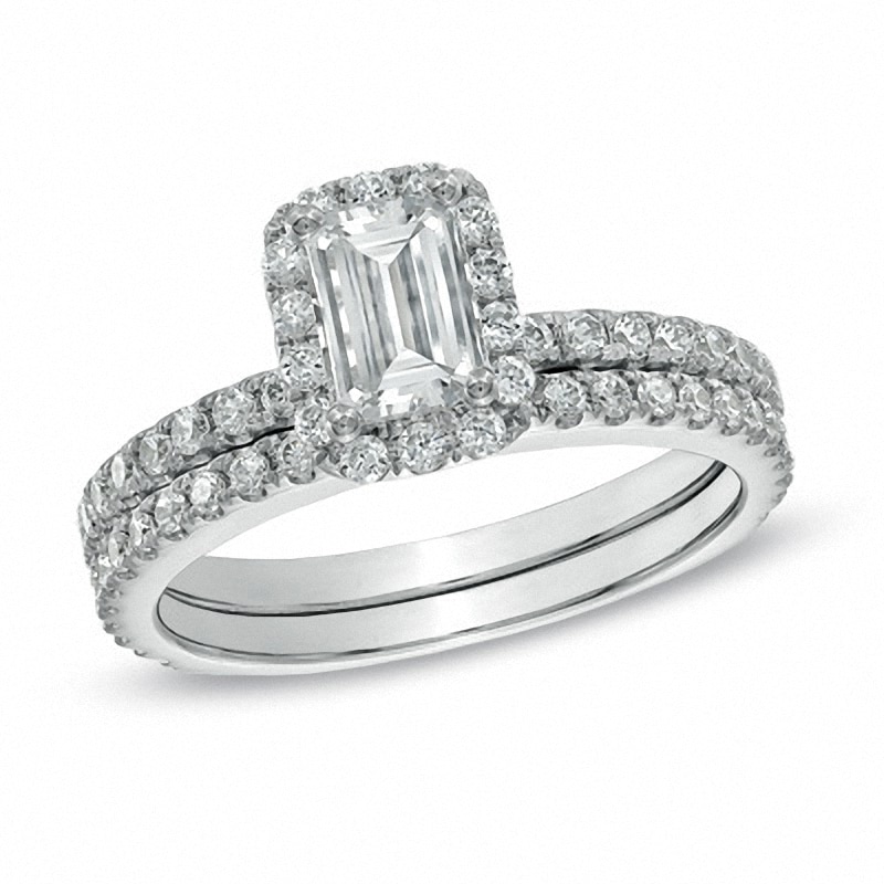 Main Image 1 of Previously Owned - 1-1/2 CT. T.W.  Emerald-Cut Diamond Bridal Set in 14K White Gold (I/I1)