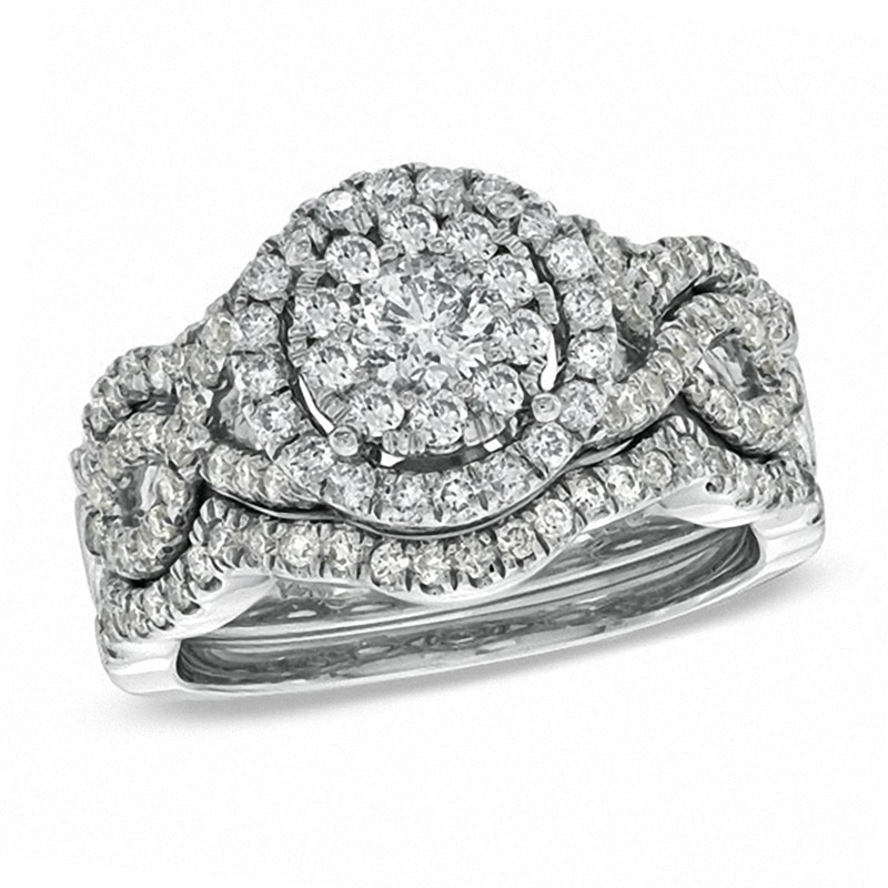 Main Image 1 of Previously Owned - 1-1/5 CT. T.W. Diamond Cluster Bridal Set in 14K White Gold