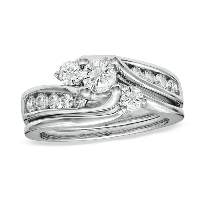 Main Image 1 of Previously Owned - 1 CT. T.W. Diamond Three Stone Swirl Bridal Set in 14K White Gold