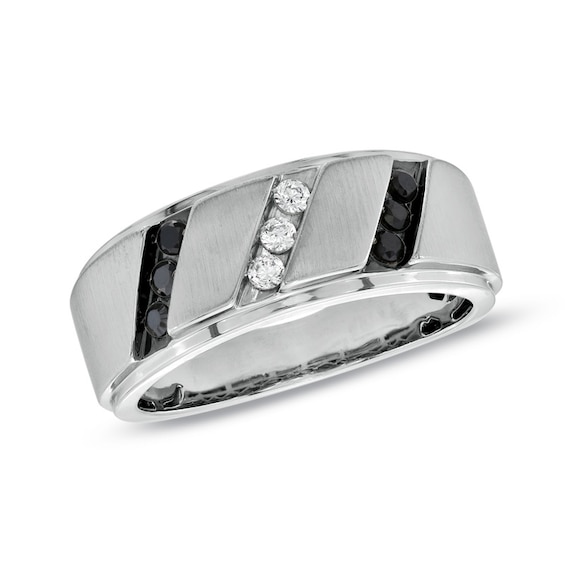 Previously Owned - Men's 1/3 CT. T.w. Enhanced Black and White Diamond Slant Wedding Band in Sterling Silver