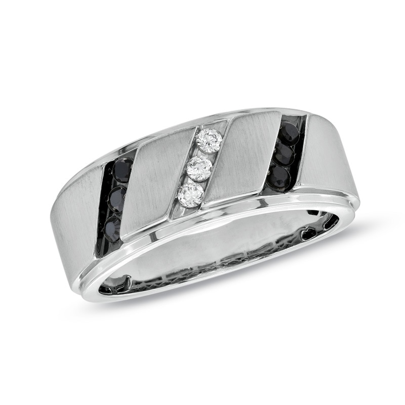 Main Image 1 of Previously Owned - 1/3 CT. T.W. Enhanced Black and White Diamond Slant Wedding Band in Sterling Silver