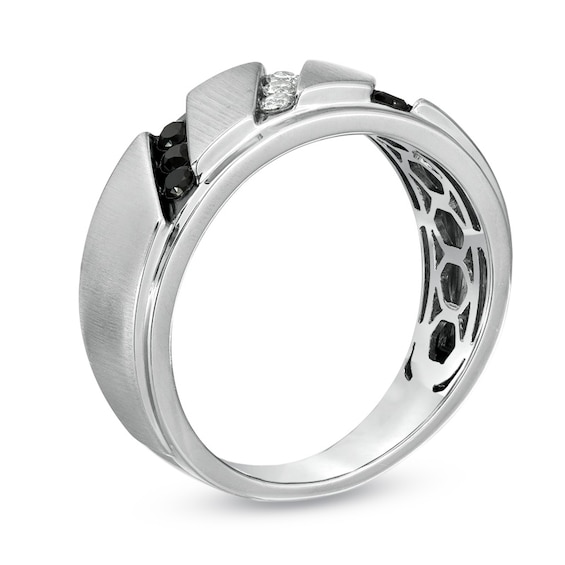 Previously Owned - 1/3 CT. T.w. Enhanced Black and White Diamond Slant Wedding Band in Sterling Silver