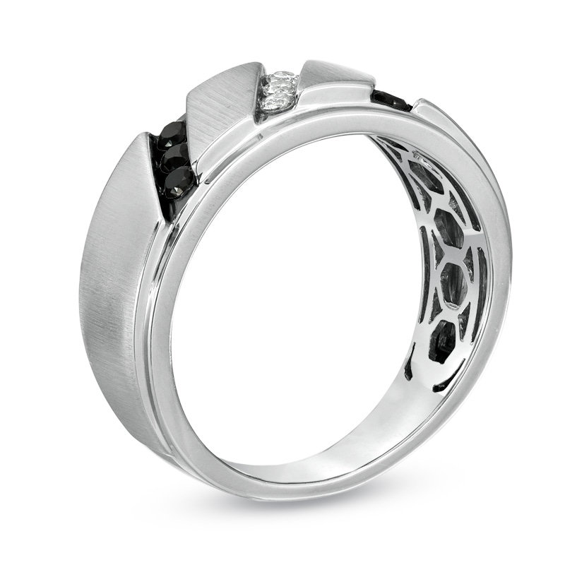 Main Image 2 of Previously Owned - 1/3 CT. T.W. Enhanced Black and White Diamond Slant Wedding Band in Sterling Silver
