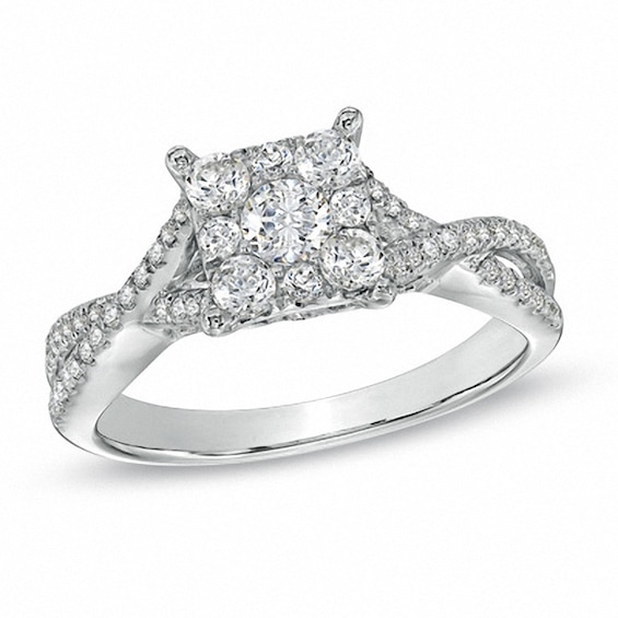 Previously Owned - 3/4 CT. T.w. Diamond Cluster Criss-Cross Shank Engagement Ring in 14K White Gold