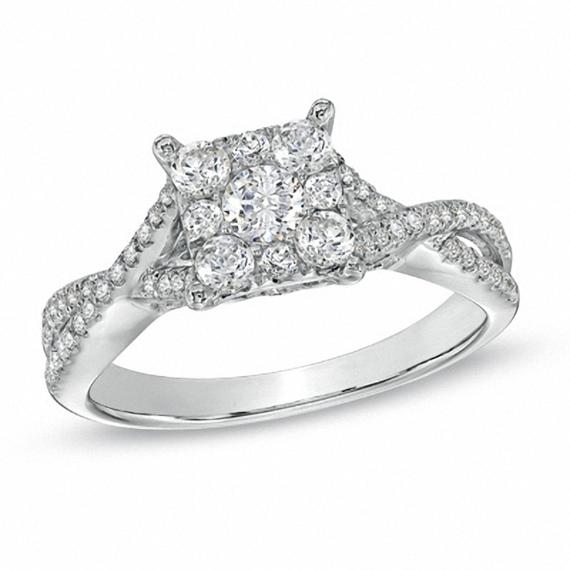 Main Image 1 of Previously Owned - 3/4 CT. T.W. Diamond Cluster Criss-Cross Shank Engagement Ring in 14K White Gold