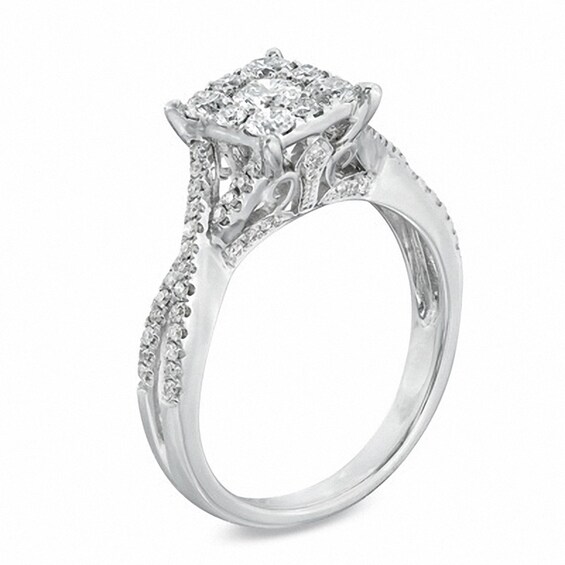 Previously Owned - 3/4 CT. T.w. Diamond Cluster Criss-Cross Shank Engagement Ring in 14K White Gold
