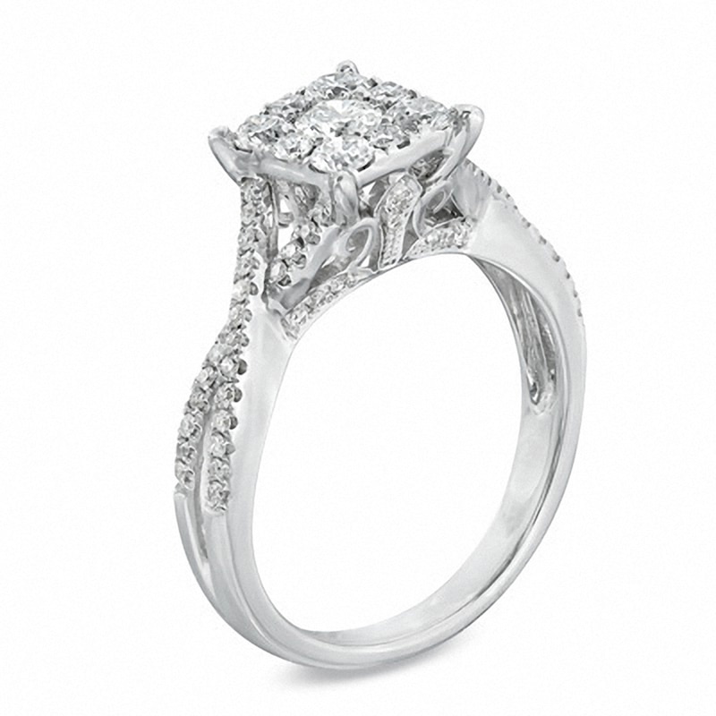 Main Image 2 of Previously Owned - 3/4 CT. T.W. Diamond Cluster Criss-Cross Shank Engagement Ring in 14K White Gold