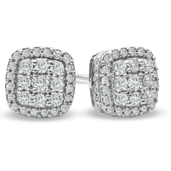 Previously Owned - 1 CT. T.w. Diamond Square Cluster Stud Earrings in 10K White Gold