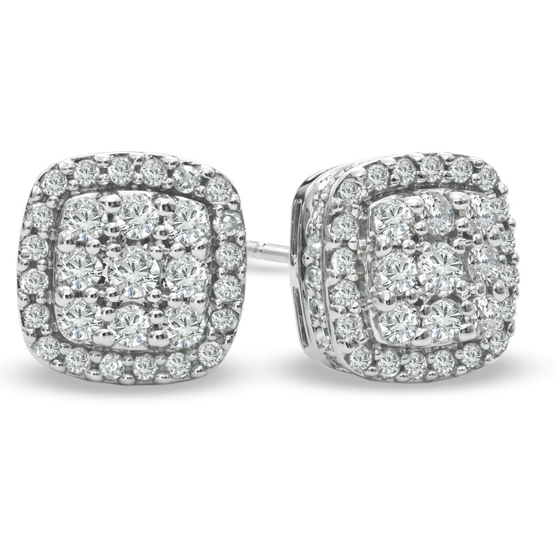 Main Image 1 of Previously Owned - 1 CT. T.W. Diamond Square Cluster Stud Earrings in 10K White Gold