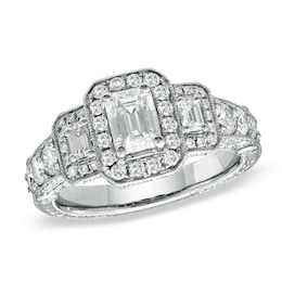 Previously Owned - 2 CT. T.W. Framed Emerald-Cut Diamond Three Stone Ring in 14K White Gold