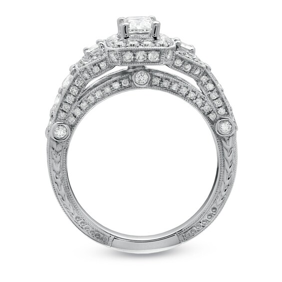 Previously Owned - 2 CT. T.w. Framed Emerald-Cut Diamond Three Stone Ring in 14K White Gold