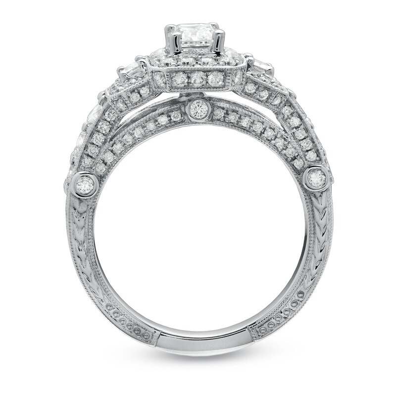 Main Image 2 of Previously Owned - 2 CT. T.W. Framed Emerald-Cut Diamond Three Stone Ring in 14K White Gold