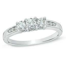 Previously Owned - 1/2 CT. T.W. Diamond Past Present Future® Heart Trio Accent Ring in 14K White Gold