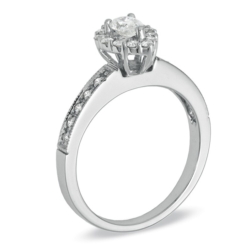 Main Image 2 of Previously Owned - 5/8 CT. T.W. Pear-Shaped Diamond Frame Engagement Ring in 14K White Gold