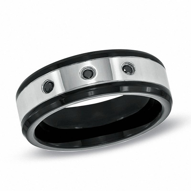 Main Image 1 of Previously Owned - 1/10 CT. T.W. Black Diamond Comfort Fit Wedding Band in Two-Tone Stainless Steel