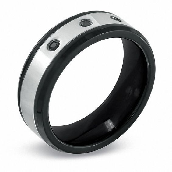 Previously Owned - 1/10 CT. T.w. Black Diamond Comfort Fit Wedding Band in Two-Tone Stainless Steel