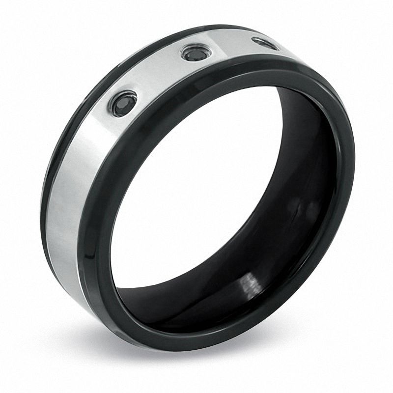Main Image 2 of Previously Owned - 1/10 CT. T.W. Black Diamond Comfort Fit Wedding Band in Two-Tone Stainless Steel