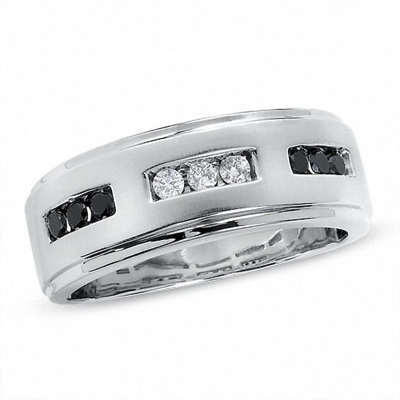 Previously Owned - 1/3 CT. T.w. Enhanced Black and White Diamond Three Channel Band in 14K White Gold