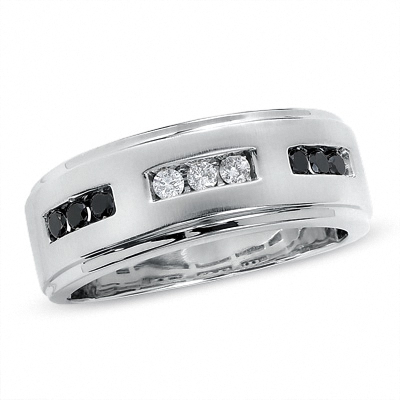 Main Image 1 of Previously Owned - 1/3 CT. T.W. Enhanced Black and White Diamond Three Channel Band in 14K White Gold