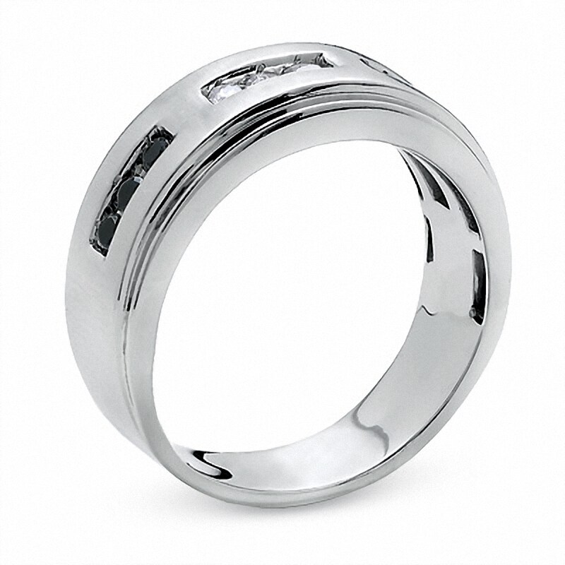 Main Image 2 of Previously Owned - 1/3 CT. T.W. Enhanced Black and White Diamond Three Channel Band in 14K White Gold