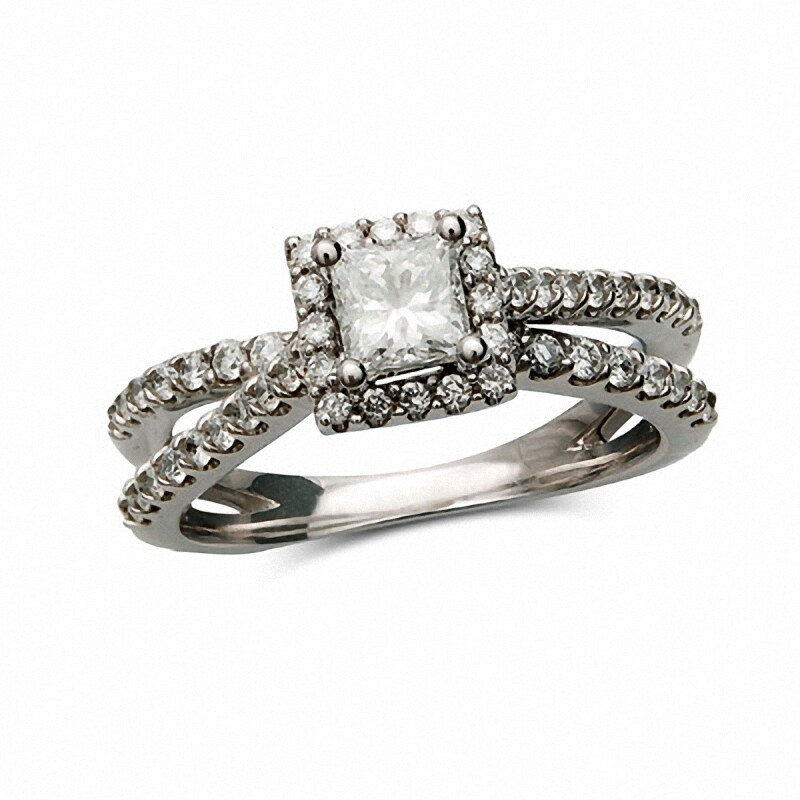 Main Image 1 of Previously Owned - 1 CT. T.W. Princess-Cut Diamond Frame Split Shank Ring in 14K White Gold