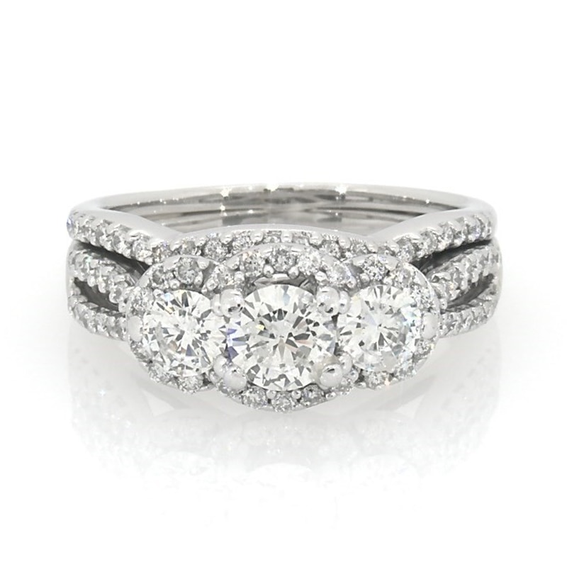 Main Image 1 of Previously Owned 1-1/2 CT. T.W. Diamond Three Stone Frame Soldered Bridal Set in 14K White Gold