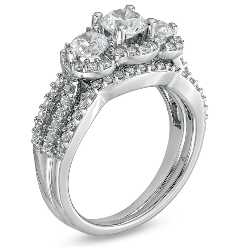 Main Image 2 of Previously Owned 1-1/2 CT. T.W. Diamond Three Stone Frame Soldered Bridal Set in 14K White Gold
