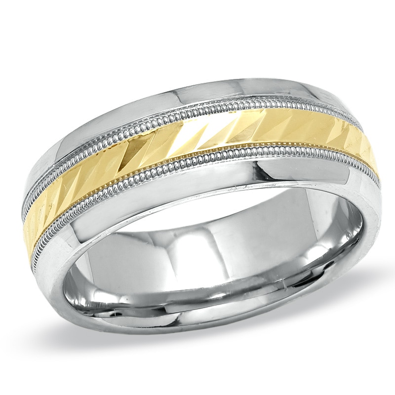Main Image 1 of Previously Owned - 8.0mm Diamond-Cut Milgrain Wedding Band in 14K Gold and Sterling Silver