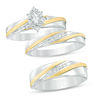Thumbnail Image 1 of Previously Owned - 1/10 CT. T.W. Diamond Marquise Slant Comfort Fit Wedding Ensemble in Sterling Silver and 14K Gold