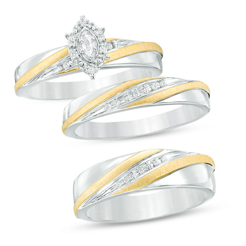 Main Image 1 of Previously Owned - 1/10 CT. T.W. Diamond Marquise Slant Comfort Fit Wedding Ensemble in Sterling Silver and 14K Gold