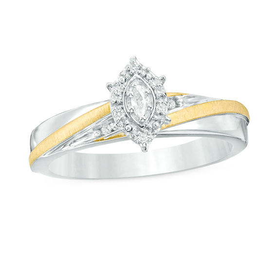 Previously Owned - 1/10 CT. T.w. Diamond Marquise Slant Comfort Fit Wedding Ensemble in Sterling Silver and 14K Gold