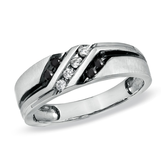 Previously Owned - 1/5 CT. T.w. Black and White Diamond Slant Wedding Band in 10K White Gold