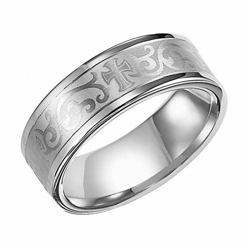 Main Image 1 of Previously Owned - Triton 8.0mm Comfort Fit White Tungsten Scroll Cross Wedding Band
