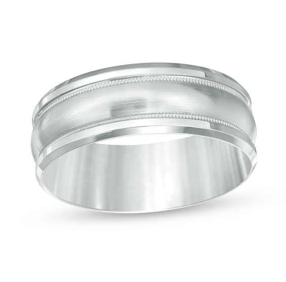 Previously Owned - 8.0mm Comfort-Fit Satin and Milgrain-Edge Wedding Band in 14K White Gold