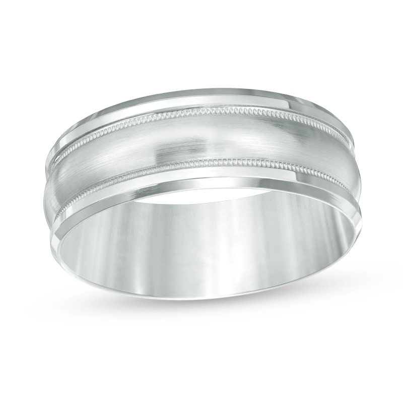 Main Image 1 of Previously Owned - Men's 8.0mm Comfort-Fit Satin and Milgrain-Edge Wedding Band in 14K White Gold