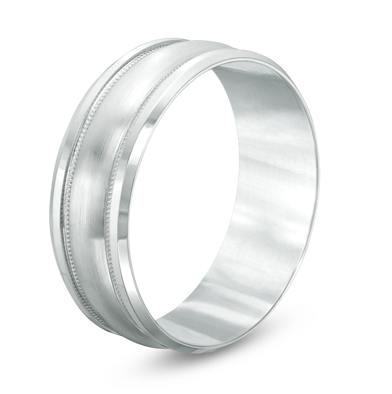 Main Image 2 of Previously Owned - Men's 8.0mm Comfort-Fit Satin and Milgrain-Edge Wedding Band in 14K White Gold