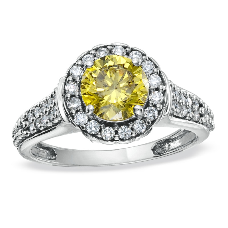 Previously Owned - 1-1/4 CT. T.W. Enhanced Yellow and White Diamond Framed Ring in 14K White Gold