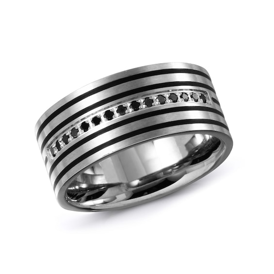 Previously Owned - Men's 1/7 CT. T.w. Enhanced Black Diamond Wedding Band in Stainless Steel