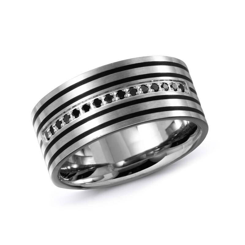 Main Image 1 of Previously Owned - Men's 1/7 CT. T.W. Enhanced Black Diamond Wedding Band in Stainless Steel