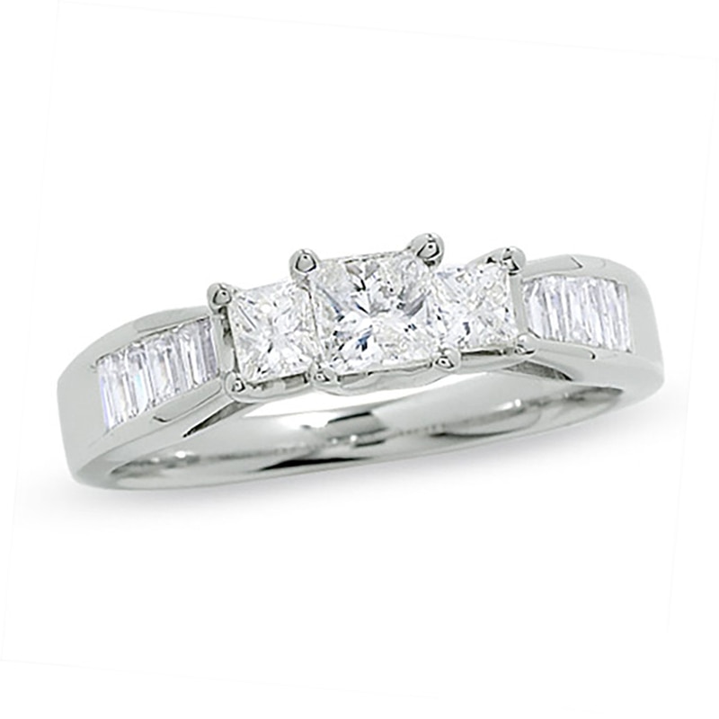 Main Image 1 of Previously Owned - 1 CT. T.W. Princess-Cut Diamond Past Present Future® Ring in 14K White Gold